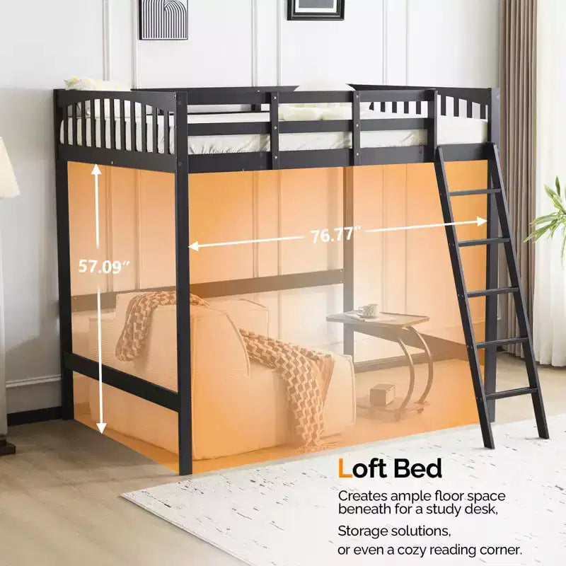 Karl Home Solid Wood Loft Bed Twin/Full Size with USB Charging Station/LED with Flat Rungs,Wood Slat Support No Box Spring Needed