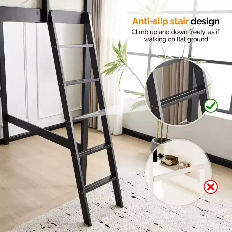 Karl Home Solid Wood Loft Bed Twin/Full Size with USB Charging Station/LED with Flat Rungs,Wood Slat Support No Box Spring Needed