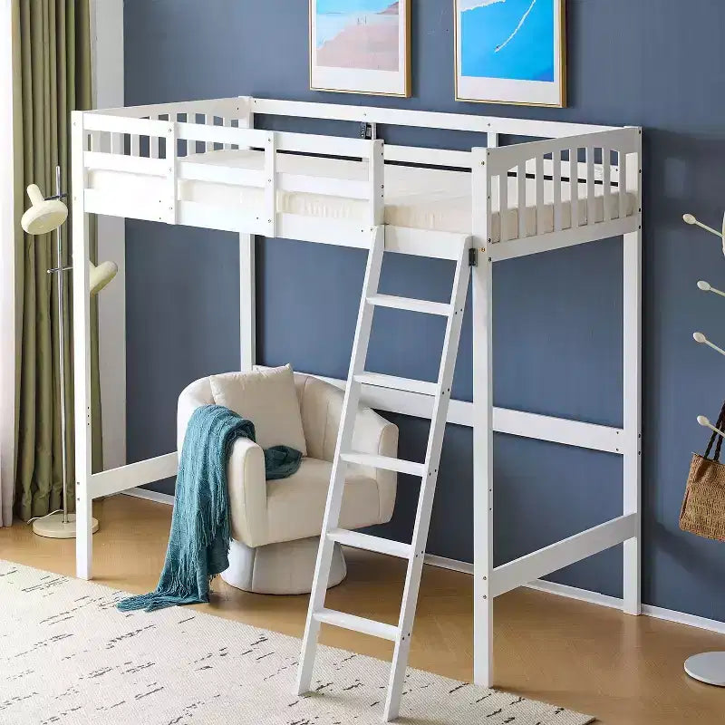 Karl Home Solid Wood Loft Bed Twin/Full Size with USB Charging Station/LED with Flat Rungs,Wood Slat Support No Box Spring Needed