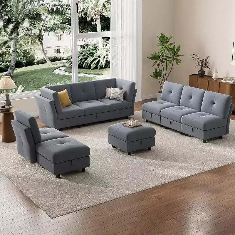 91 Modular Sectional Sofa, Cloud Sectional Couch with 9 Deep Seat,9 Seat with Storage & Chaise, U-Shaped Velvet Couch, for Living Room, Blue