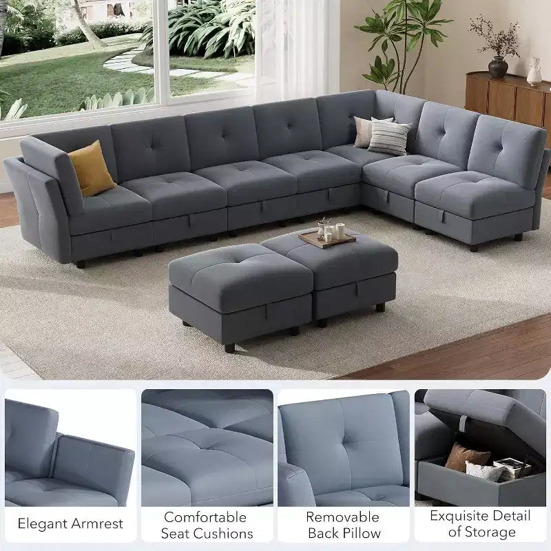 91 Modular Sectional Sofa, Cloud Sectional Couch with 9 Deep Seat,9 Seat with Storage & Chaise, U-Shaped Velvet Couch, for Living Room, Blue
