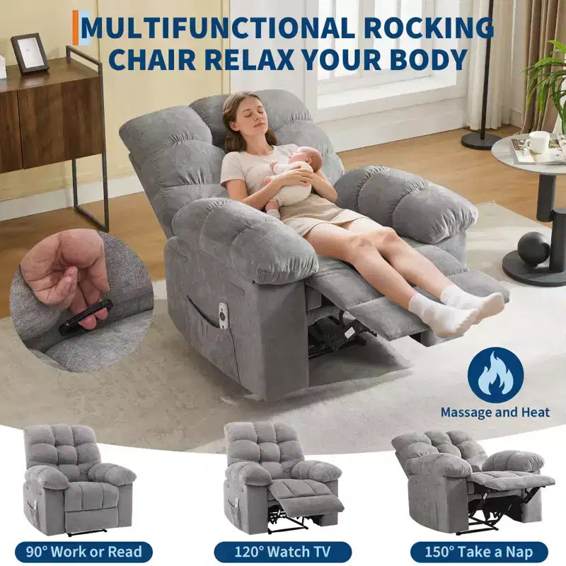 Rocking Recliner Chair with Massage and Heat Function, Ergonomic Breathable Fabric,2 Side Pockets ,for Living Room,Bedroom
