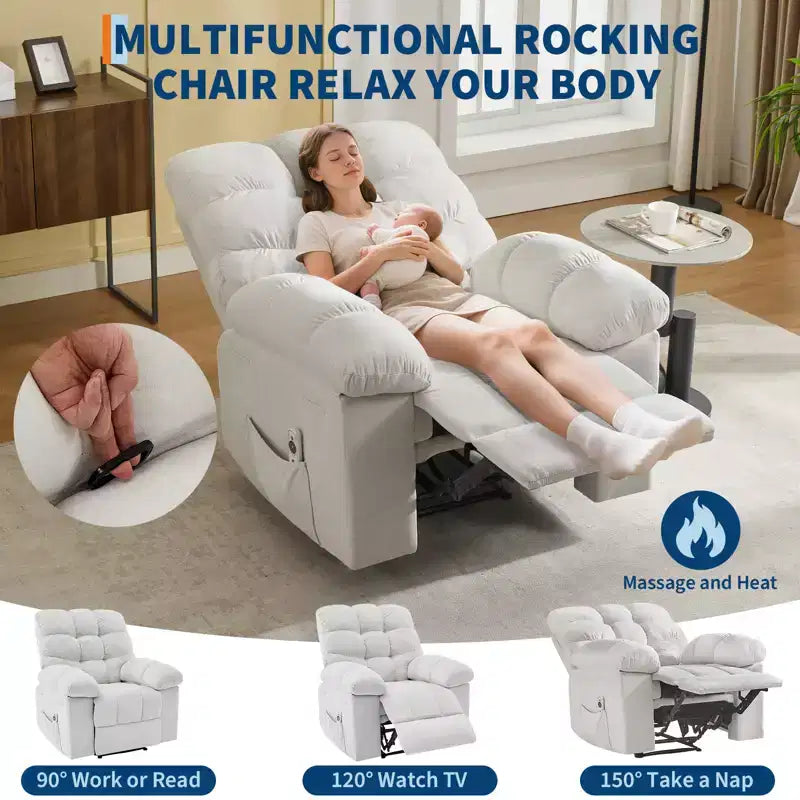 Rocking Recliner Chair with Massage and Heat Function, Ergonomic Breathable Fabric,2 Side Pockets ,for Living Room,Bedroom