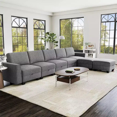 140 Large U Shaped Sectional Couch with Ottoman Chaise, Convertible Modular Sectional Sofa with Ottomans with 7 Seat for Living Room, Office - Gray