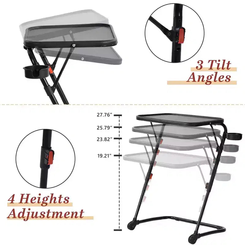 FurnitureR Adjustable Folding TV Tray with 4 Height & 3 Tilt Angle, Foldable Dinner Trays Laptop Snack Table with Cup Holder for Bed & Sofa, Set of 4
