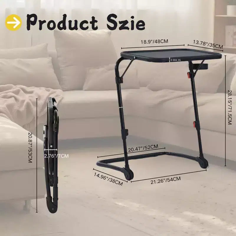 FurnitureR Adjustable Folding TV Tray with 4 Height & 3 Tilt Angle, Foldable Dinner Trays Laptop Snack Table with Cup Holder for Bed & Sofa, Set of 4