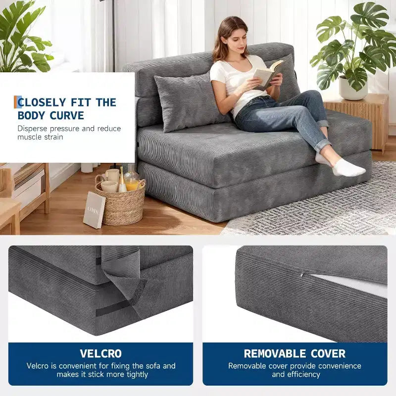 4-in-1 Folding Sofa Bed & Sleeper Chair, 76 Inches Convertible Fold Out Loveseat with Pillow, Tufted Floor Lounge for Living Room, Bedroom