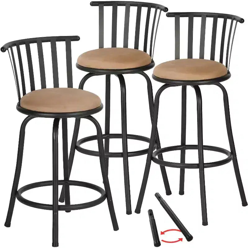 FurnitureR Bar Stools Swivel Set of 3, Adjustable Counter Height Low Back for Kitchen Island Bar Height with Interchangeable Legs, 24/29 Inch, Brown