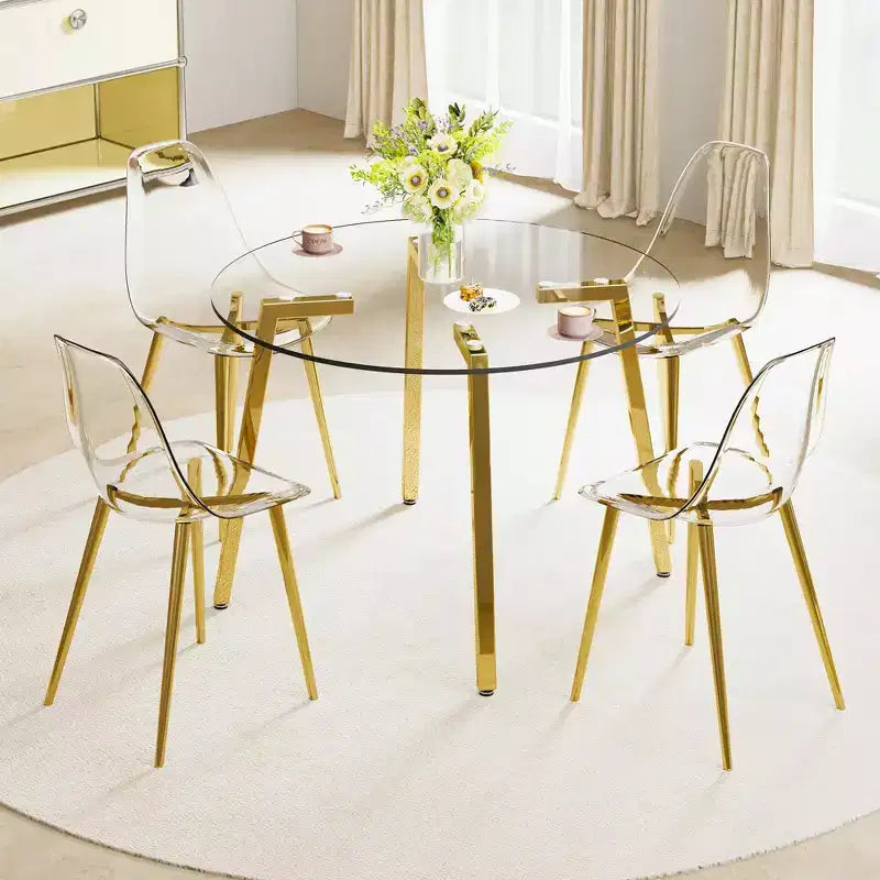 Okak 42IN Stylish Tempered Glass Dining Table, Kitchen Table with Gold Metal Legs, Round Table for Living Room, Dining Room, Kitchen, Gold