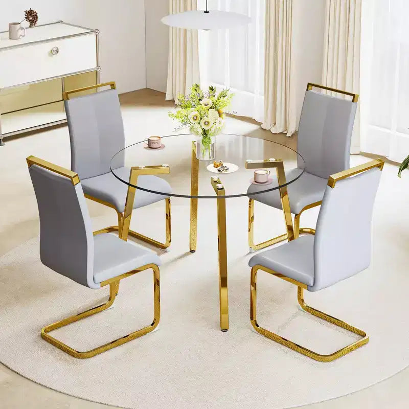 Okak 42IN Stylish Tempered Glass Dining Table, Kitchen Table with Gold Metal Legs, Round Table for Living Room, Dining Room, Kitchen, Gold