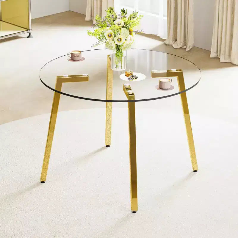 Okak 42IN Stylish Tempered Glass Dining Table, Kitchen Table with Gold Metal Legs, Round Table for Living Room, Dining Room, Kitchen, Gold