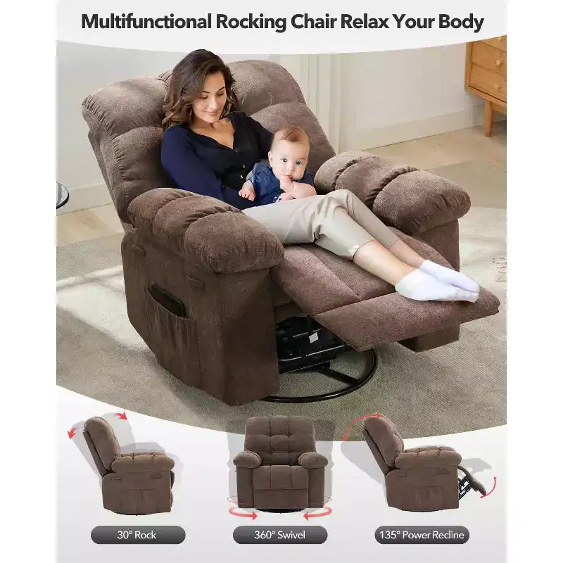 Rocking Recliner Chair, 360 Swivel Rocker, Lazy Boy Recliner Single Sofa, Extra Wide Manual Recliners, Chenille Upholstery Overstuffed Soft