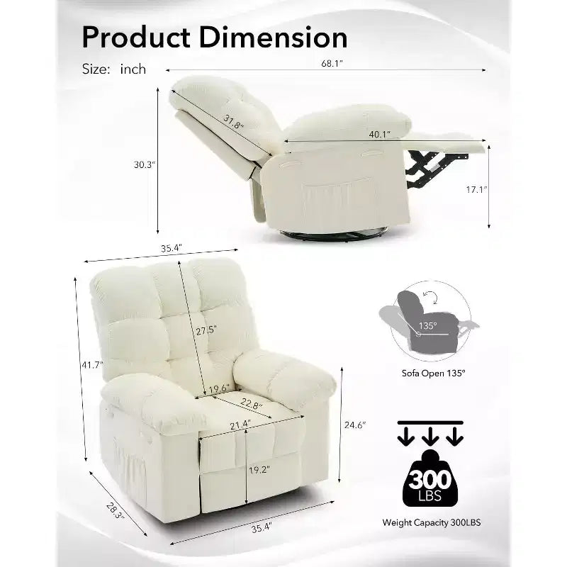 Rocking Recliner Chair, 360 Swivel Rocker, Lazy Boy Recliner Single Sofa, Extra Wide Manual Recliners, Chenille Upholstery Overstuffed Soft