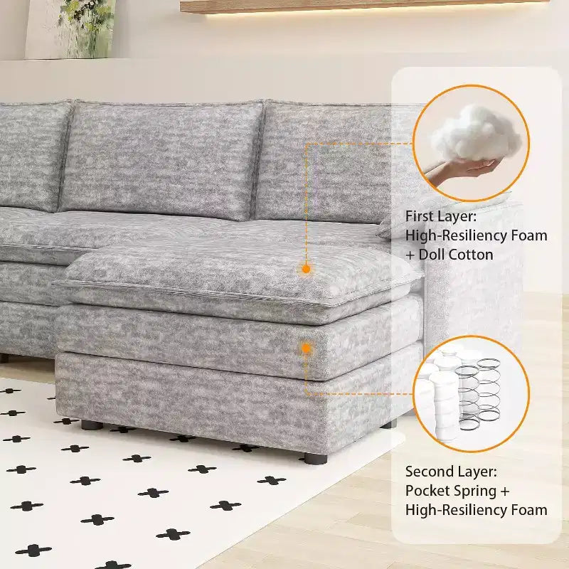 108 Modular Sectional Cloud Couch, Modern Chenille L Shaped Modular Sofa, Sectional Sofa for Apartment