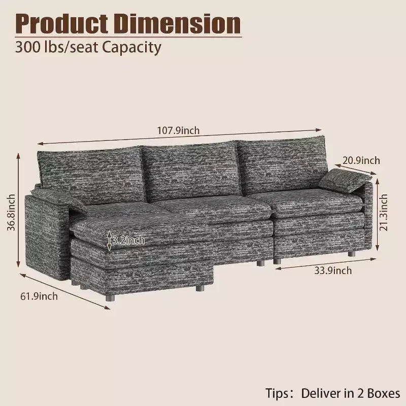 108 Modular Sectional Cloud Couch, Modern Chenille L Shaped Modular Sofa, Sectional Sofa for Apartment