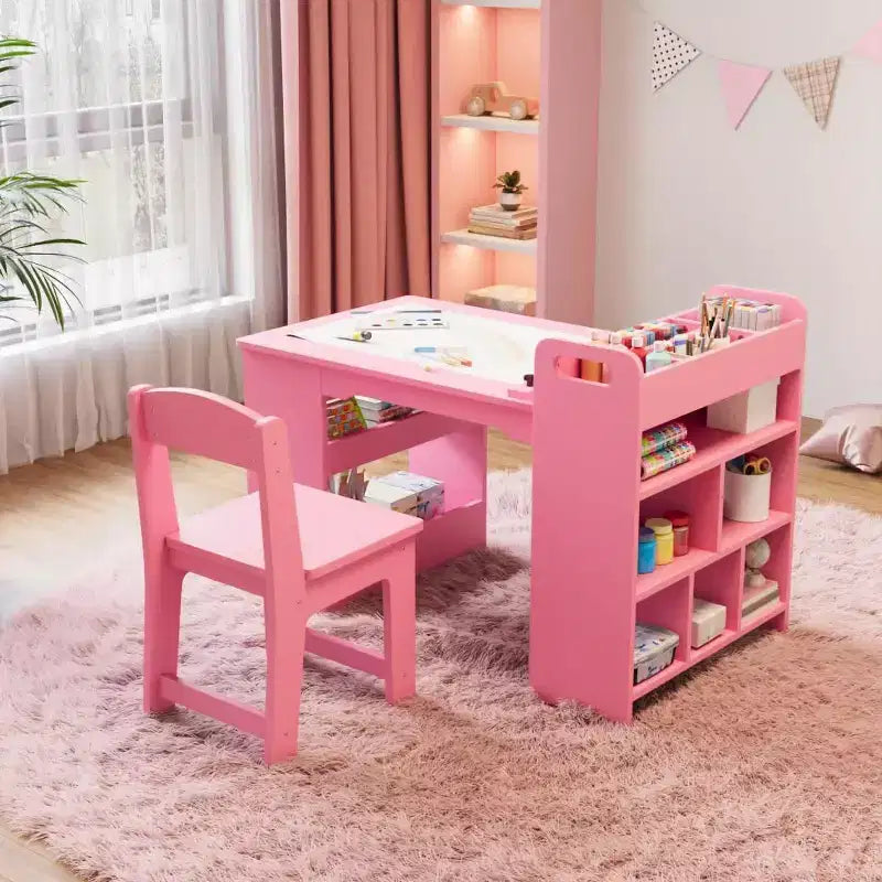 Art Table and Chairs Set, Wooden Activity Desk with Large Storage, Multi-Functional Art Desk