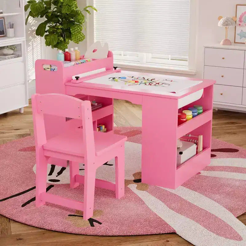 Art Table and Chairs Set, Wooden Activity Desk with Large Storage, Multi-Functional Art Desk