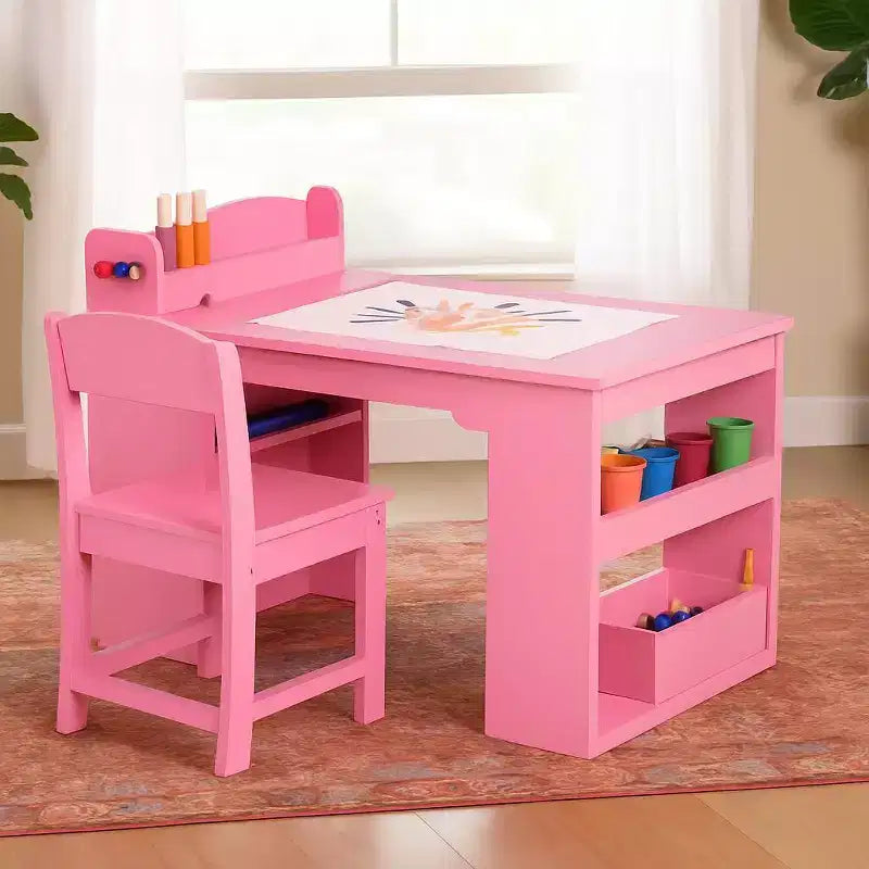 Art Table and Chairs Set, Wooden Activity Desk with Large Storage, Multi-Functional Art Desk