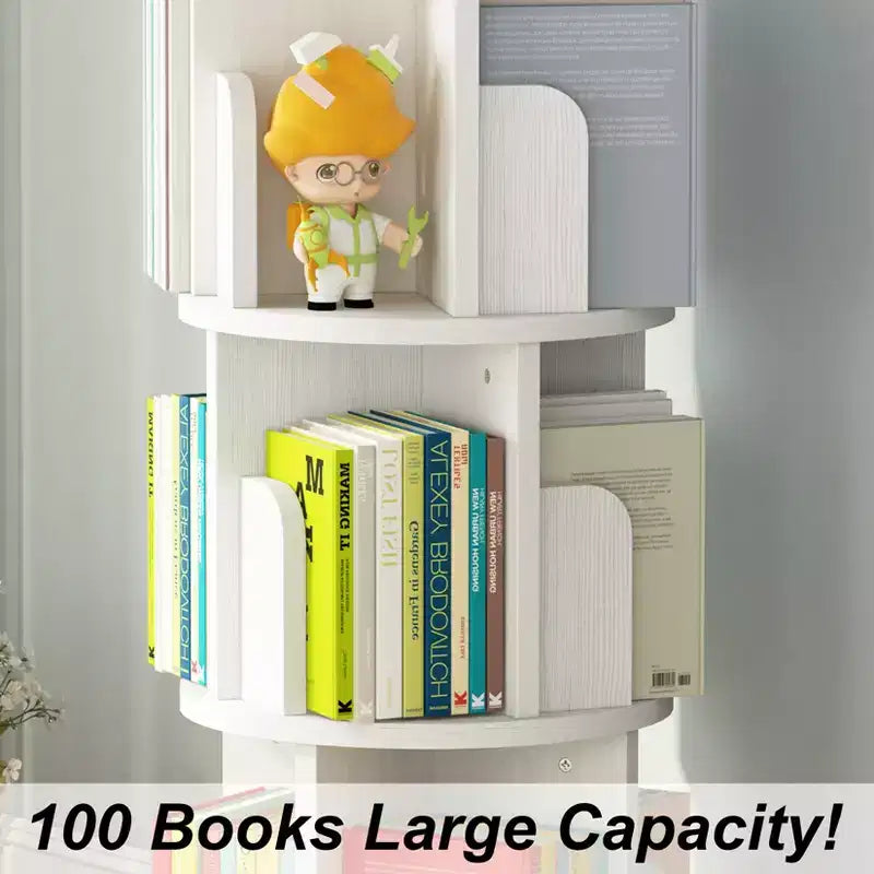 Three-tier bookshelf storage unit, suitable for children and adults. Compact corner rotating bookshelf for bedrooms and living rooms.