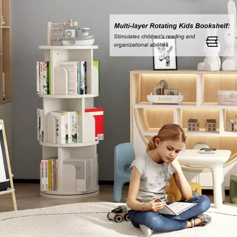 Three-tier bookshelf storage unit, suitable for children and adults. Compact corner rotating bookshelf for bedrooms and living rooms.