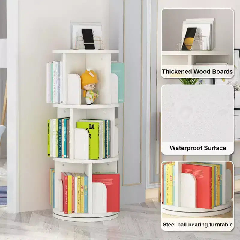 Three-tier bookshelf storage unit, suitable for children and adults. Compact corner rotating bookshelf for bedrooms and living rooms.