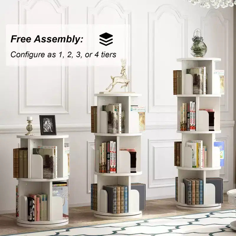 Three-tier bookshelf storage unit, suitable for children and adults. Compact corner rotating bookshelf for bedrooms and living rooms.