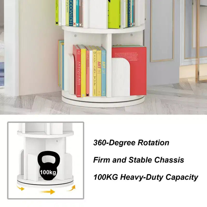 Three-tier bookshelf storage unit, suitable for children and adults. Compact corner rotating bookshelf for bedrooms and living rooms.