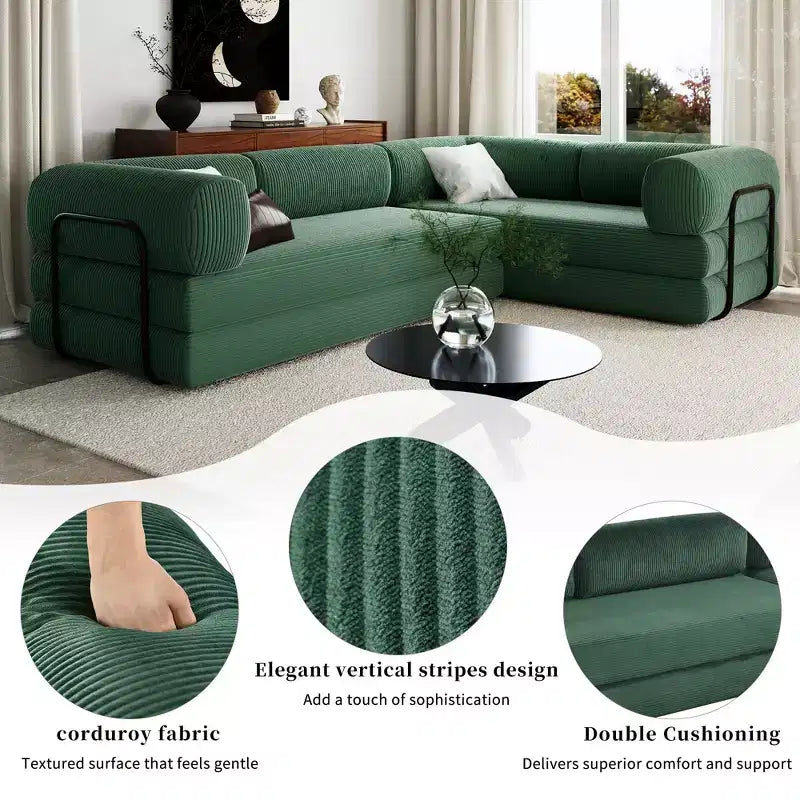 Clihome L-Shaped Corduroy Sofa Bed, Modular Sectional with Reversible Chaise & High-Density Foam for Versatile Living Room