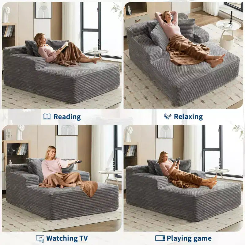 49.2 Oversized Convertible Chaise Lounge Chair Indoor, Corduroy Upholstered Cloud Sofa Couch Cap, No Assembly Required, for Living Room, Bedroom