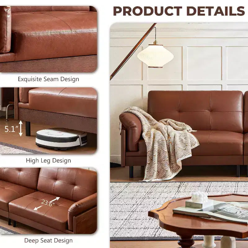 ATJafurn 90Inch Mid Century Modern Brown Leather Couch With Solid Wood Exterior and Hand-Tufted, 4-Seater Retro Leather Sectional Sofa for Living Room