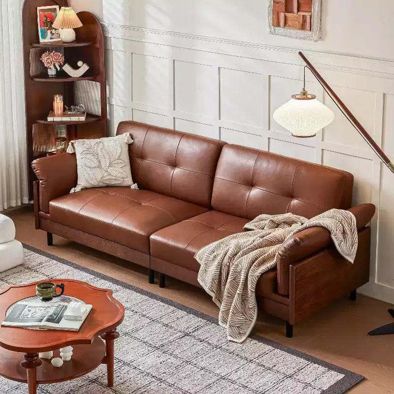 ATJafurn 90Inch Mid Century Modern Brown Leather Couch With Solid Wood Exterior and Hand-Tufted, 4-Seater Retro Leather Sectional Sofa for Living Room