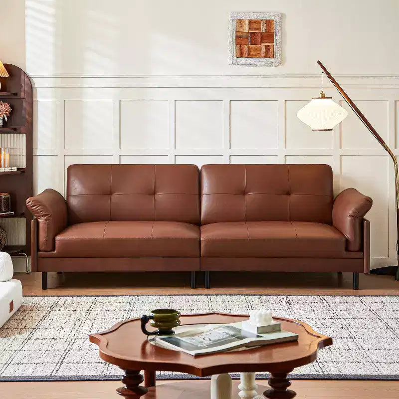 ATJafurn 90Inch Mid Century Modern Brown Leather Couch With Solid Wood Exterior and Hand-Tufted, 4-Seater Retro Leather Sectional Sofa for Living Room