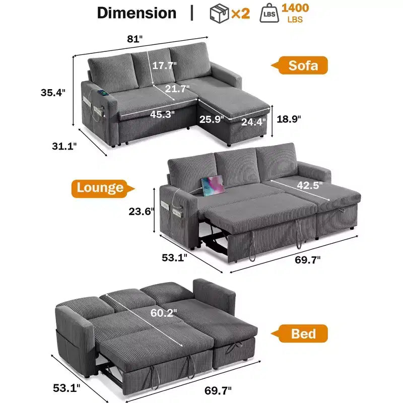 Dyonery 81 Sleeper Sofa Bed, L Shaped Sectional Couch with Pull Out Bed, Reclining Backrest, Reversible Storage Chaise, USB Ports