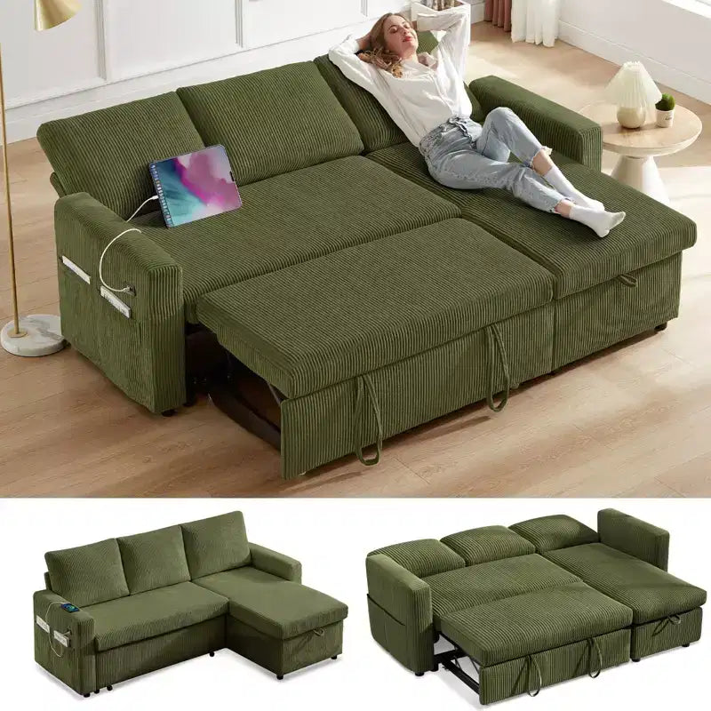 Dyonery 81 Sleeper Sofa Bed, L Shaped Sectional Couch with Pull Out Bed, Reclining Backrest, Reversible Storage Chaise, USB Ports