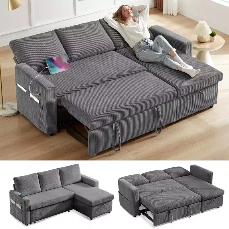 Dyonery 81 Sleeper Sofa Bed, L Shaped Sectional Couch with Pull Out Bed, Reclining Backrest, Reversible Storage Chaise, USB Ports