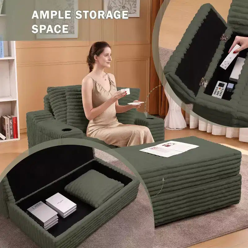 Oversized Chaise Lounge Chair Indoor with Storage, Upholstered Corduroy Sofa Bed Cloud Couch with 3 Pillows,Single Sleeper Sofa Chair for Home