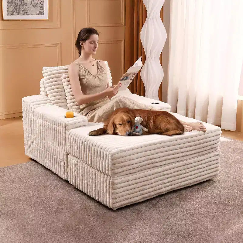 Oversized Chaise Lounge Chair Indoor with Storage, Upholstered Corduroy Sofa Bed Cloud Couch with 3 Pillows,Single Sleeper Sofa Chair for Home