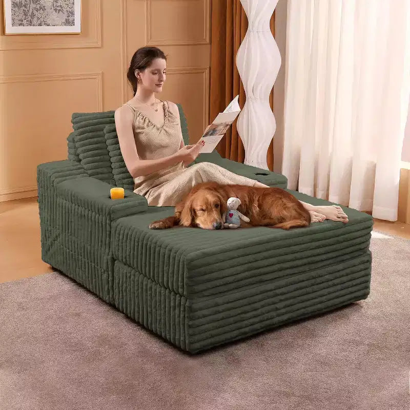 Oversized Chaise Lounge Chair Indoor with Storage, Upholstered Corduroy Sofa Bed Cloud Couch with 3 Pillows,Single Sleeper Sofa Chair for Home