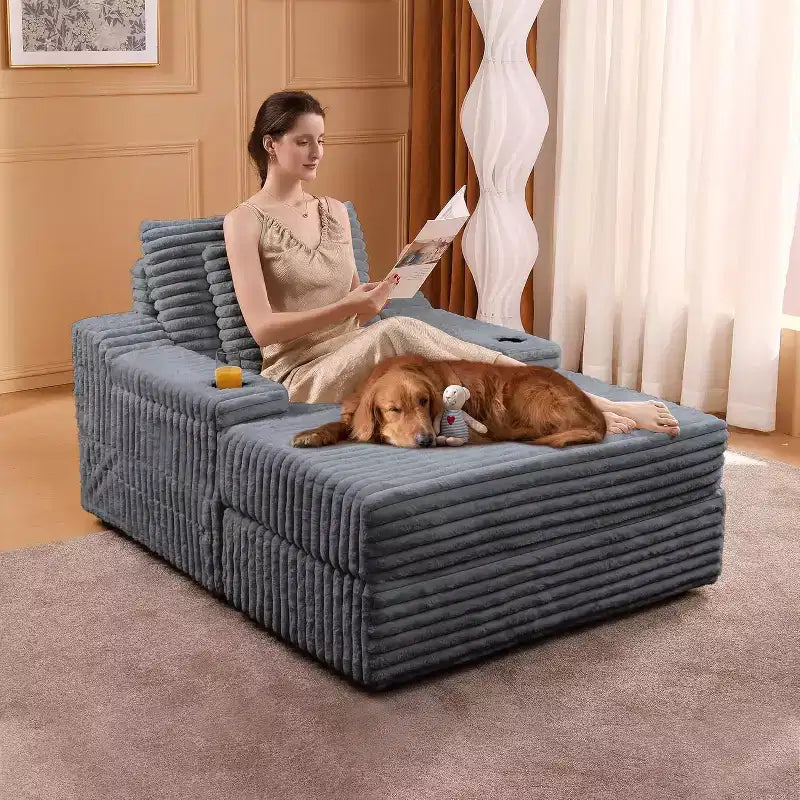 Oversized Chaise Lounge Chair Indoor with Storage, Upholstered Corduroy Sofa Bed Cloud Couch with 3 Pillows,Single Sleeper Sofa Chair for Home