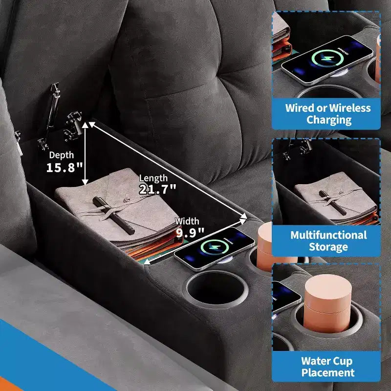 Modular Sectional 4-Seater Sofa, Velvet 115 Inch Compact caoch with Storage Console, Charging Station & Cup Holders,Deep Seats Couch for Home