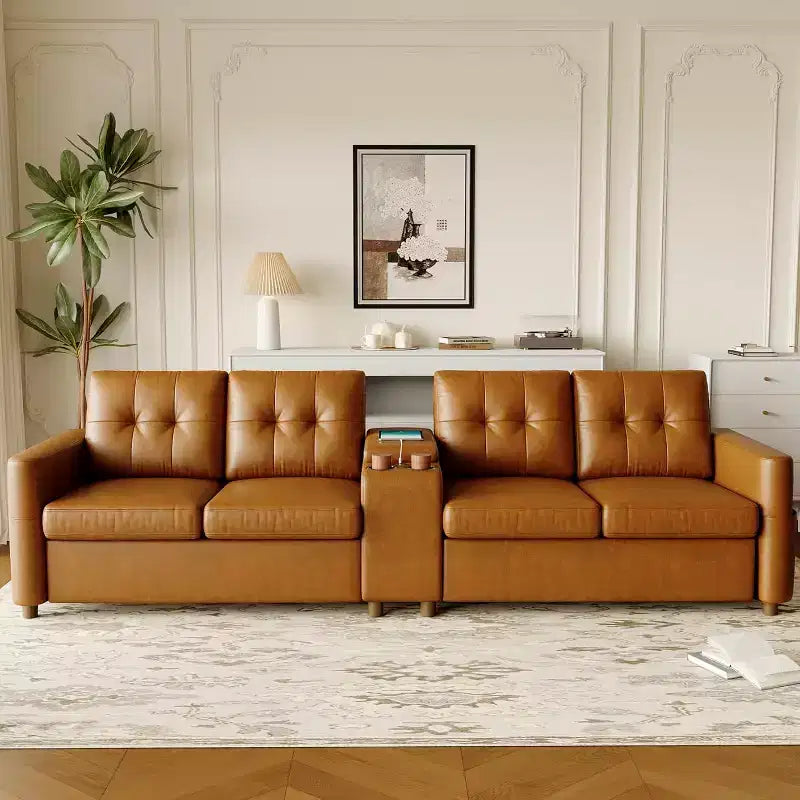 Modular Sectional 4-Seater Sofa, Velvet 115 Inch Compact caoch with Storage Console, Charging Station & Cup Holders,Deep Seats Couch for Home