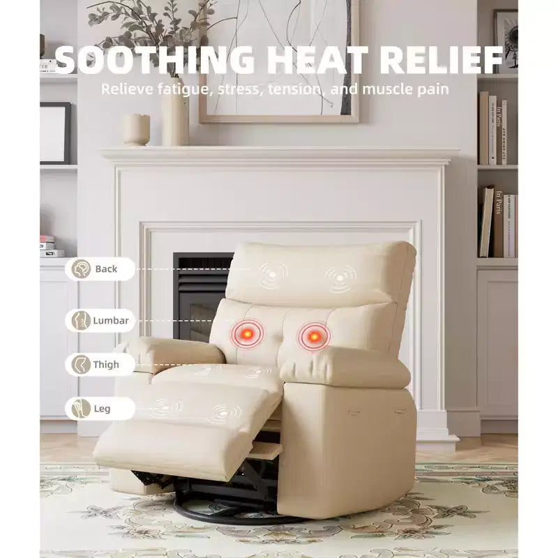 Extra-large massage and heated rocking chair, 360 rotating recliner, with remote control, cup holder and side pockets, ergonomically designed.