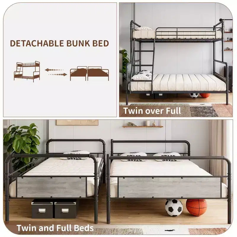 Twin Over Full Bunk Beds with High Guardrail and Ladder, Metal Slats, Space-Saving, Noise Free, Easy Assembly, No Box Spring Needed