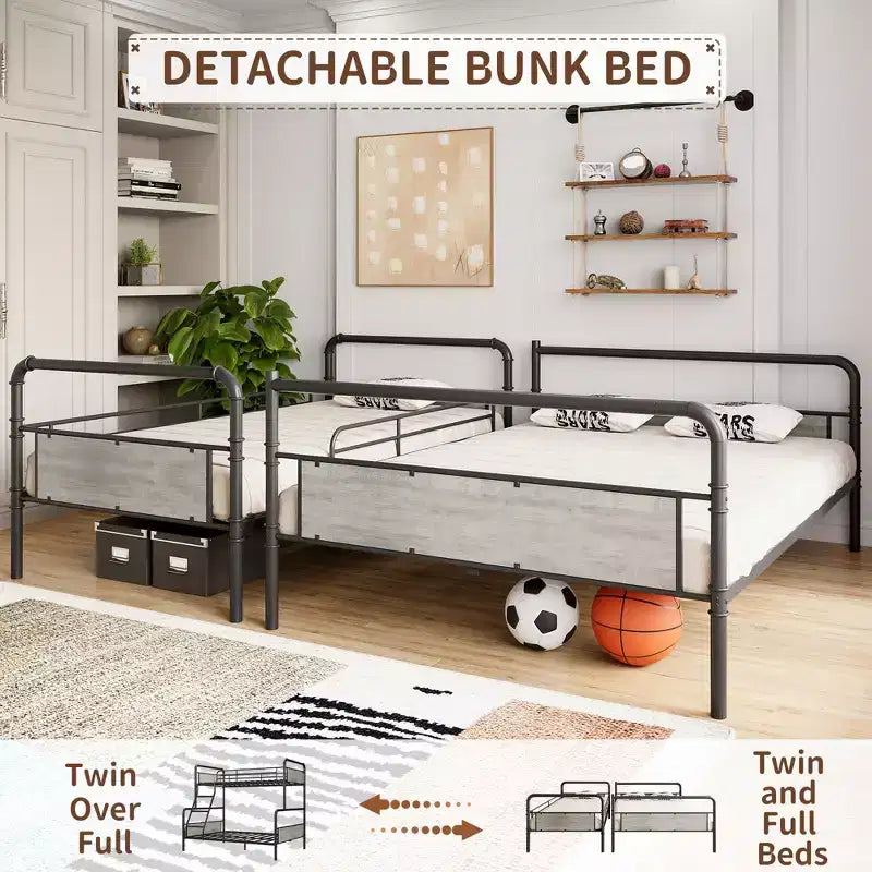 Twin Over Full Bunk Beds with High Guardrail and Ladder, Metal Slats, Space-Saving, Noise Free, Easy Assembly, No Box Spring Needed