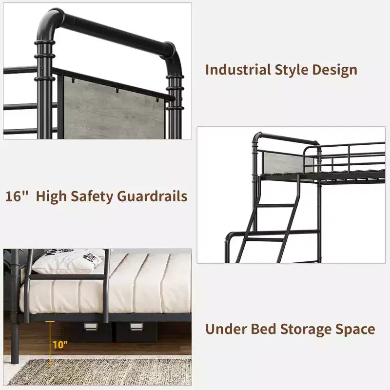 Twin Over Full Bunk Beds with High Guardrail and Ladder, Metal Slats, Space-Saving, Noise Free, Easy Assembly, No Box Spring Needed