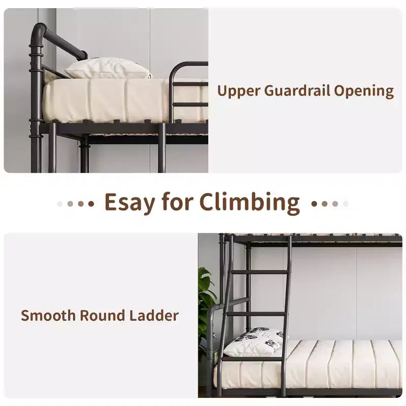 Twin Over Full Bunk Beds with High Guardrail and Ladder, Metal Slats, Space-Saving, Noise Free, Easy Assembly, No Box Spring Needed