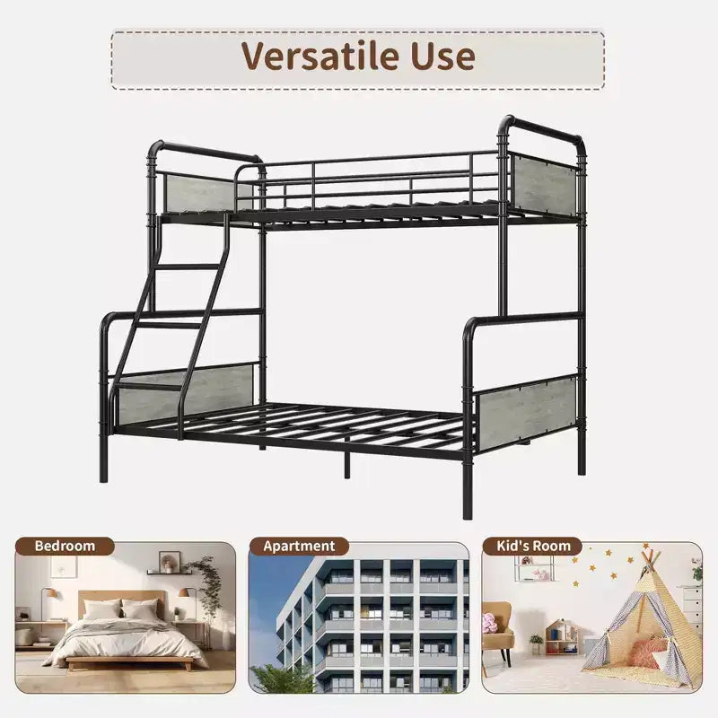 Twin Over Full Bunk Beds with High Guardrail and Ladder, Metal Slats, Space-Saving, Noise Free, Easy Assembly, No Box Spring Needed