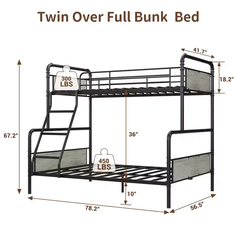 Twin Over Full Bunk Beds with High Guardrail and Ladder, Metal Slats, Space-Saving, Noise Free, Easy Assembly, No Box Spring Needed