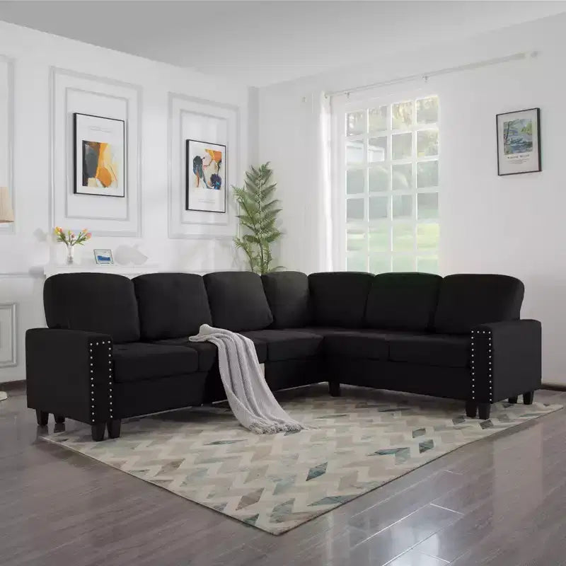 MAYEERTY 107.9 Reversible L-Shaped Sectional Sofa - Tufted Cushions, Nailhead Trim, 2 Colors