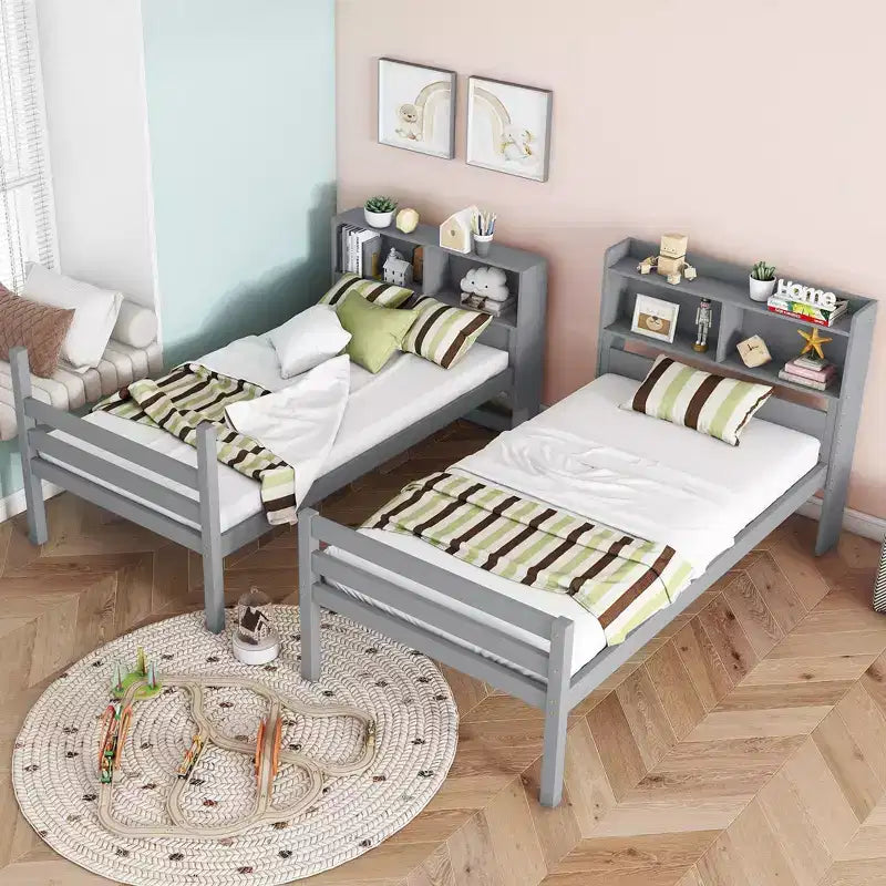 MAYEERTY Twin Bunk Bed with Shelves Headboard Sofety Guardrails and Ladder Cinvertible to 2 Beds for Bedroom Gray